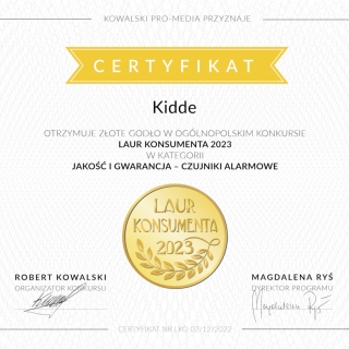 Dyplom Złoty Laur Konsumenta 2023 dla Kidde