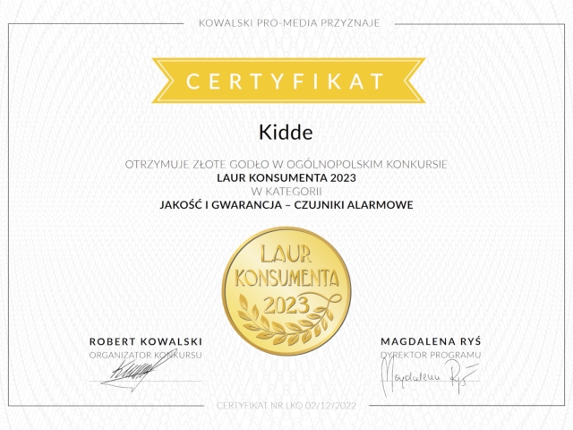 <!-- 20230127 -->Złoty Laur Konsumenta 2023 dla Kidde <!-- 20230127 -->Złoty Laur Konsumenta 2023 dla Kidde