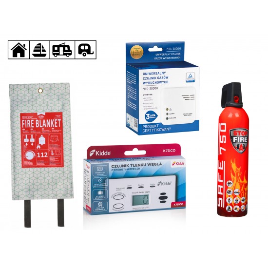 Camper package premium plus: CO detector, extinguishing spray, explosive gas detector, fire blanket